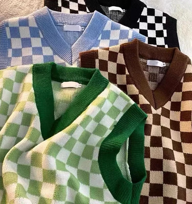 2024秋冬上新百搭马甲韩版复古宽松棋盘格马夹