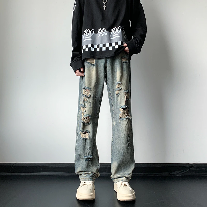 美式高街破洞牛仔裤男vibe风痞帅宽松直筒长裤春秋季ins复古裤子