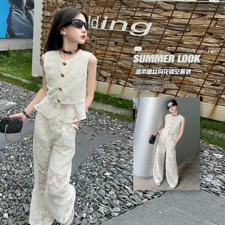 女童夏季温柔蕾丝钩花镂空套装2024新款女孩小清新薄款大童两件套
