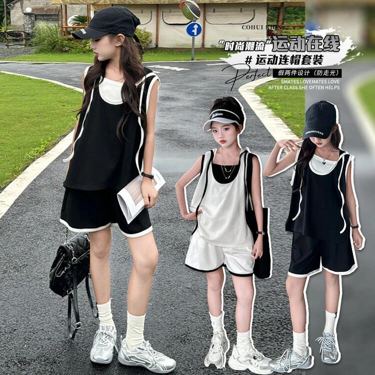 女童运动连帽套装洋气休闲夏季潮流中大童假两件无袖宽松两件套12