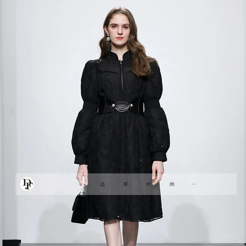 妮-达菲时尚冬季时尚气质蕾丝拼接修身大摆羽绒服HC10125464