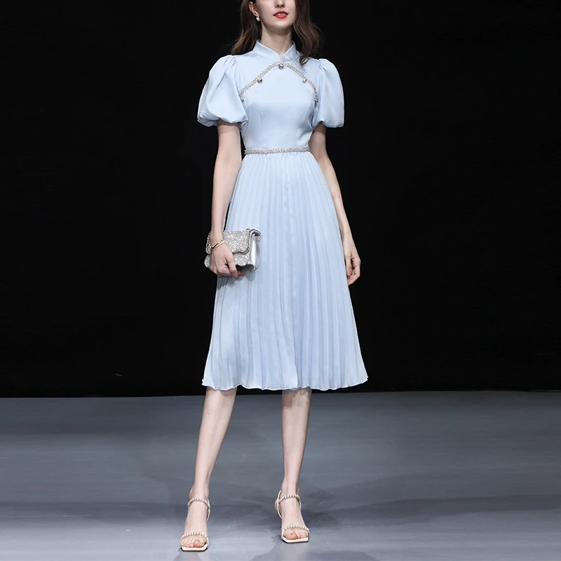 达菲时尚2025浅蓝色灯笼袖收腰百褶裙连衣裙HC30689