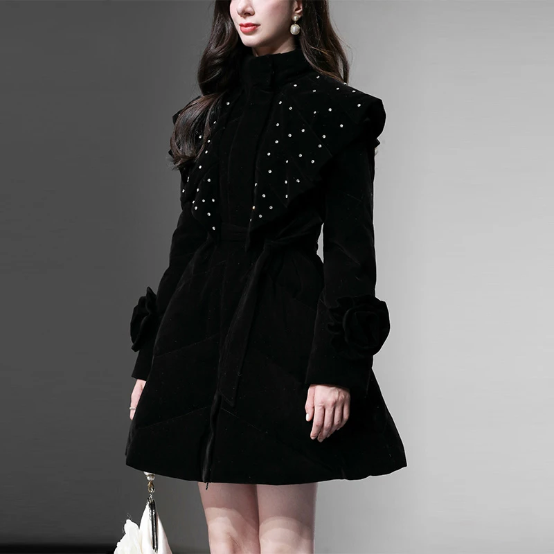 妮-冬季星空点缀手工打钻花朵浪漫甜美短款平绒90羽绒服GC34453