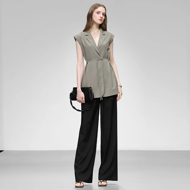 女娲石-气质休闲收腰小西装+显瘦高腰直筒长裤套装Q33763