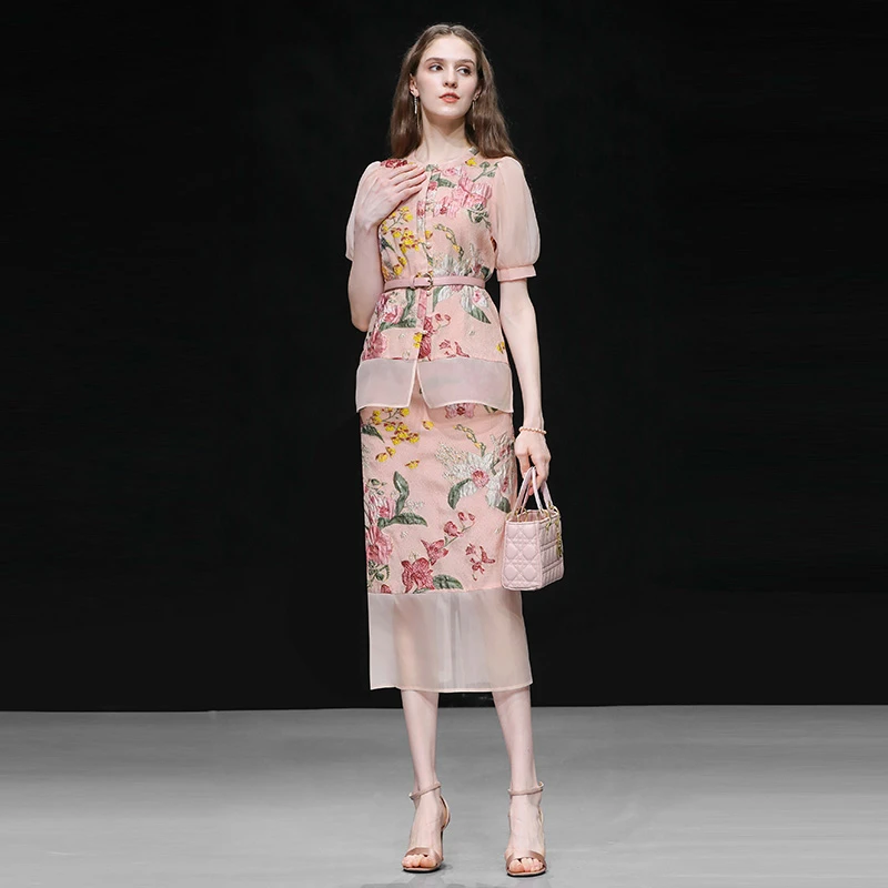 女娲石-达菲时尚薄纱拼接提花上衣简约百搭开叉半裙套装QC33652