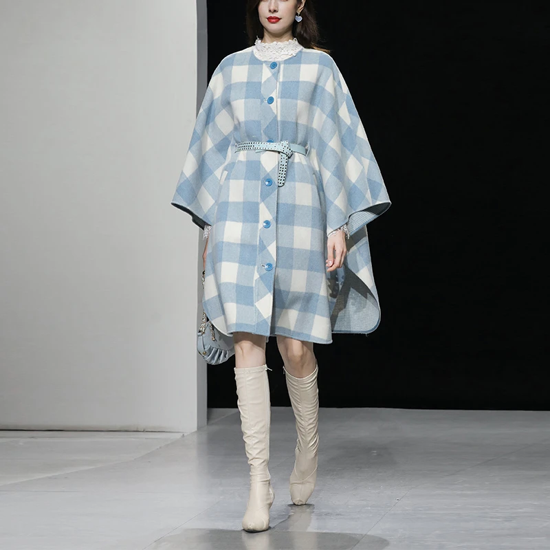 秋冬装款撞色格纹斗篷双面呢大衣加厚外套H28991