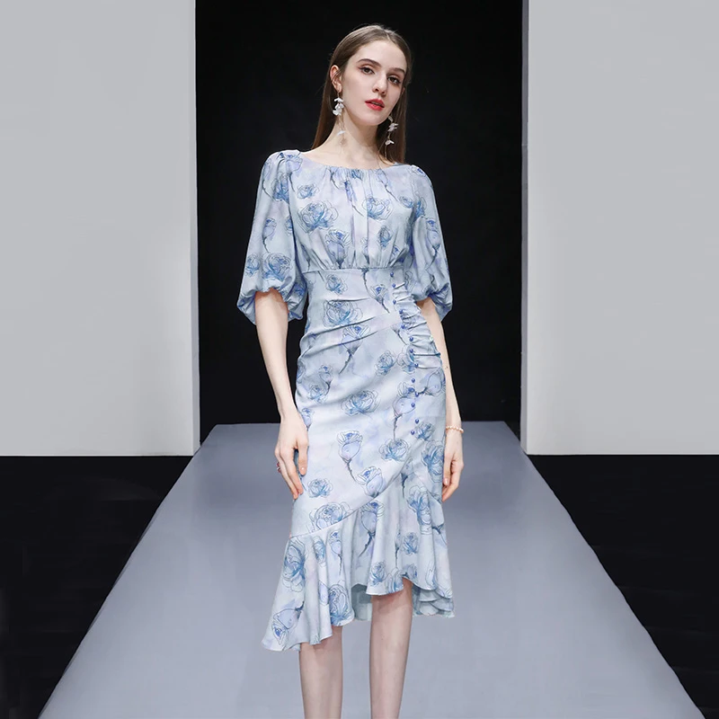 -气质高级感灯笼袖修身玫瑰印花不规则鱼尾裙QS1010781H