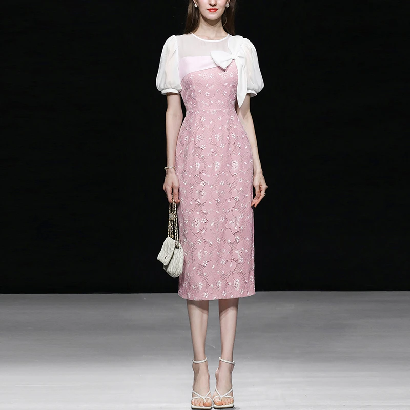 达菲时尚蕾丝拼接蝴蝶结装饰中长修身连衣裙QC10131209