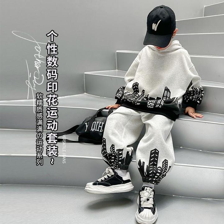儿童套装男童2024春秋季新款儿童运动服连帽宝宝炸街痞帅洋气时髦