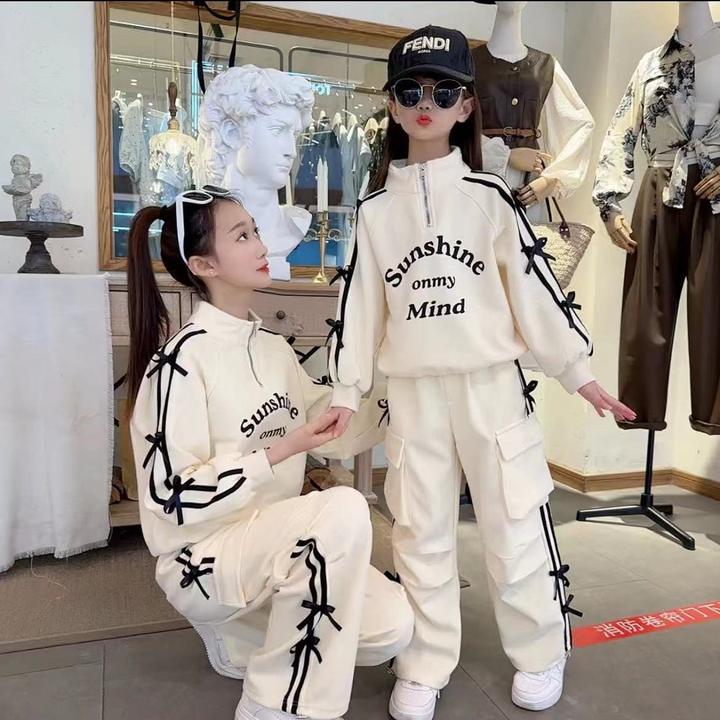 女童春秋季儿童2024新款洋气蝴蝶结卫衣套装女宝秋装运动两件套潮