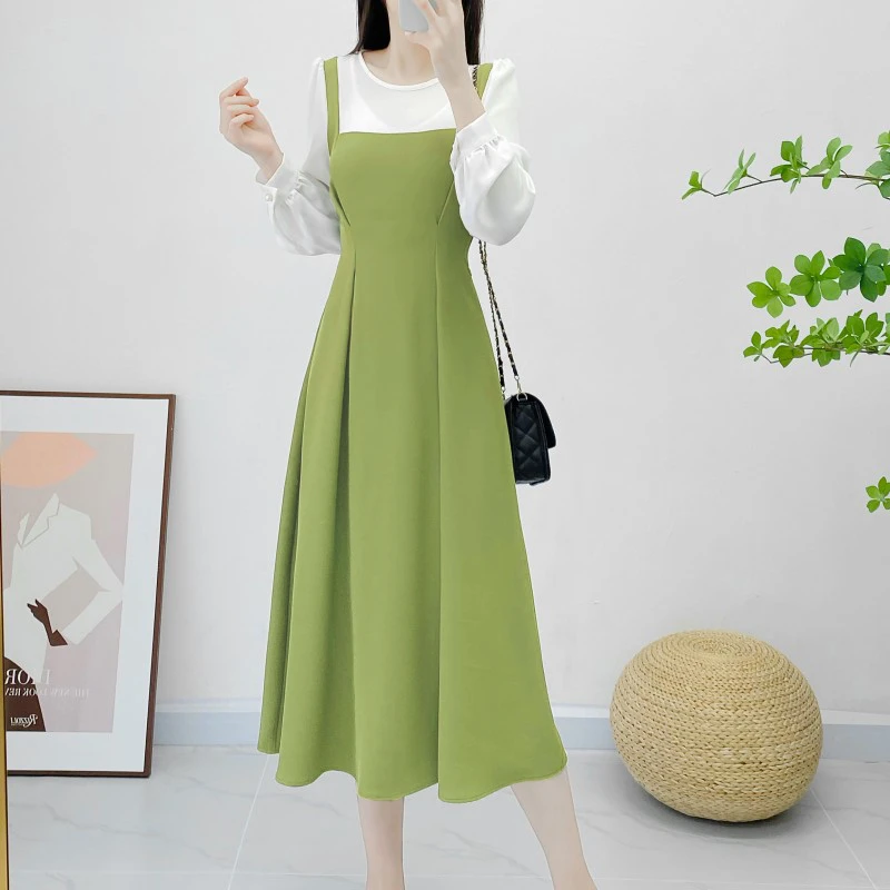 2024秋季新款薄荷曼波连衣裙收腰假两件显瘦法式中长款裙子女6606