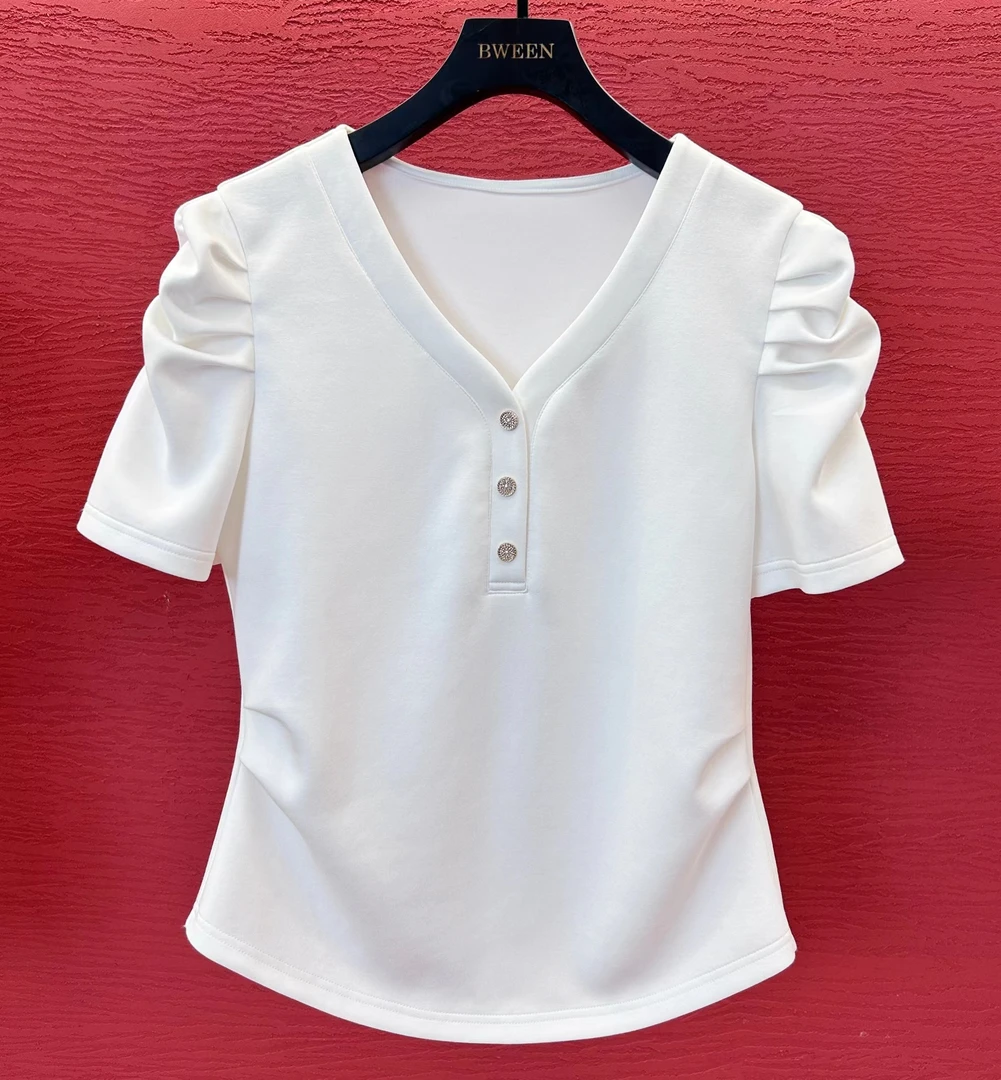 【糖糖专属】2024春夏新款V领时尚设计师女体恤高贵休闲短袖V领T恤