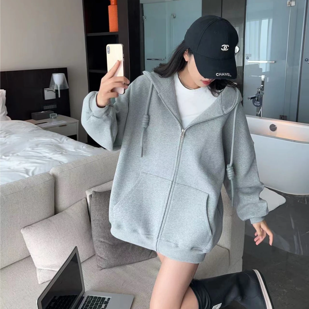 女装春秋韩版时尚卫衣开衫减龄宽松休闲百搭连帽净版纯色外套203