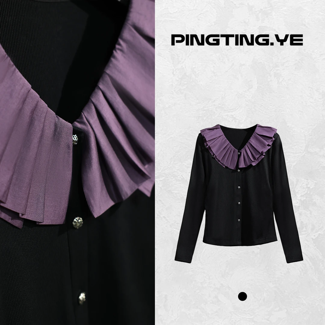 PINGTING.YE拼色娃娃领抽褶修身设计减龄别致上衣24470