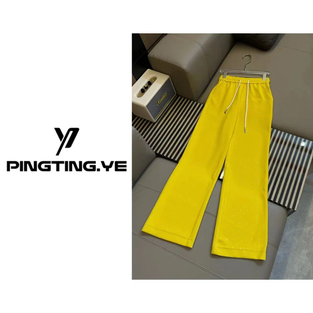 PINGTING.YE重工烫钻爱心抽绳装饰设计休闲百搭显瘦阔腿裤