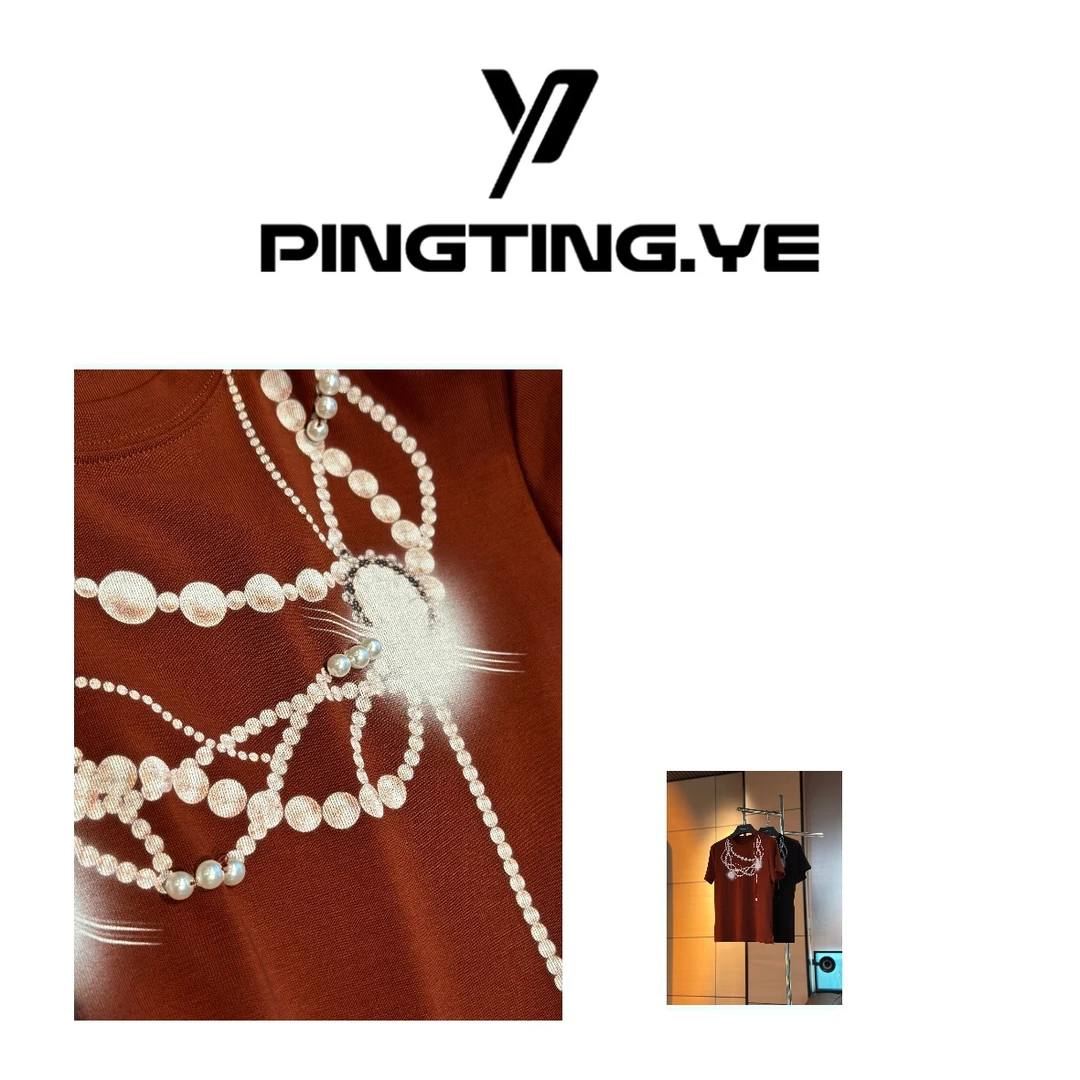 PINGTING.YE重工串珠复古印花小众休闲短袖T恤PT6337