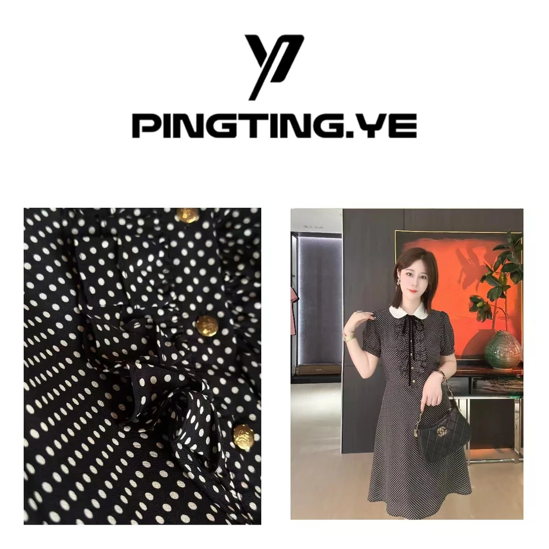 PINGTING.YE真丝波点法式复古娃娃领减龄连衣裙PT4059