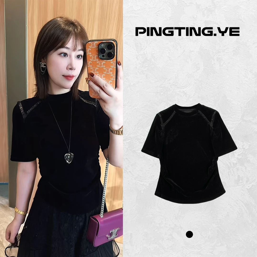 PINGTING.YE"暮色与秋"丝绒抽褶修身显瘦短袖上衣PT1656