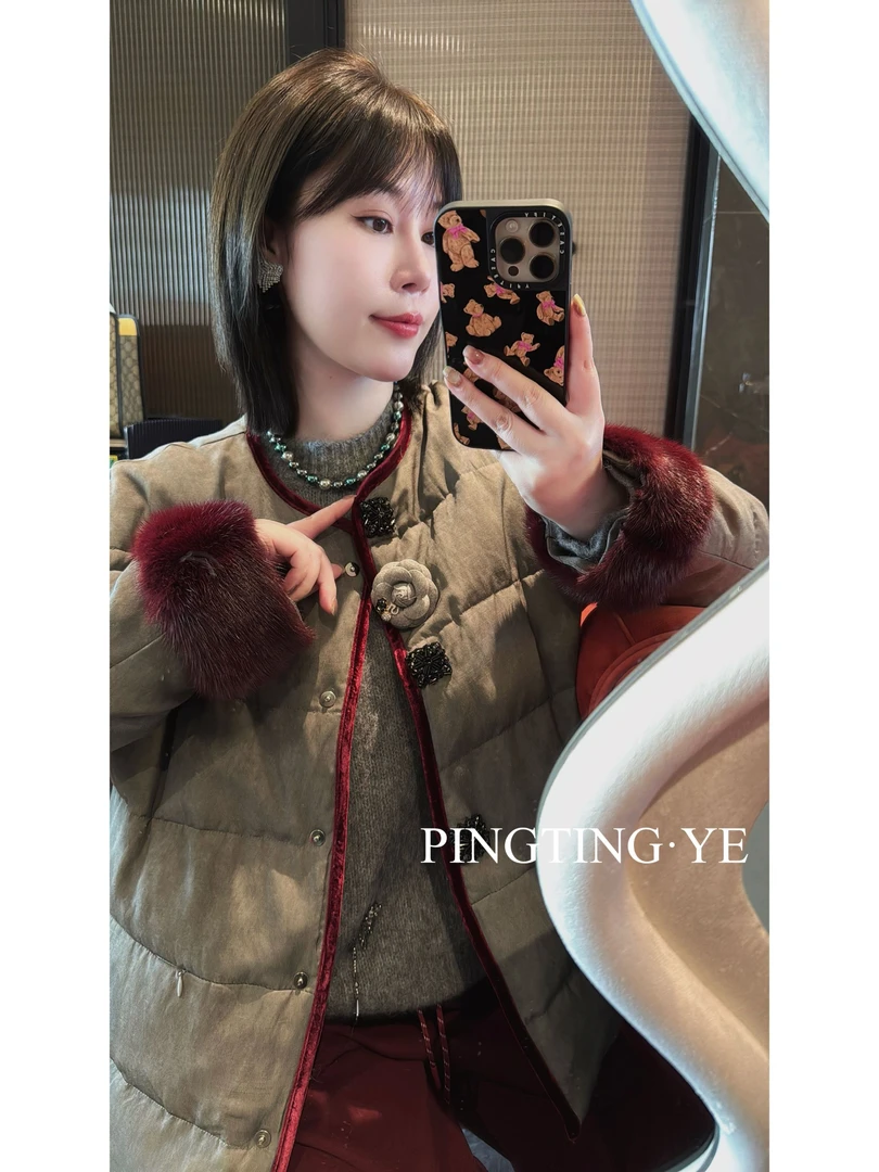 PINGTING.YE鹅绒轻奢气质新中式水貂毛圆领羽绒外套PT7117