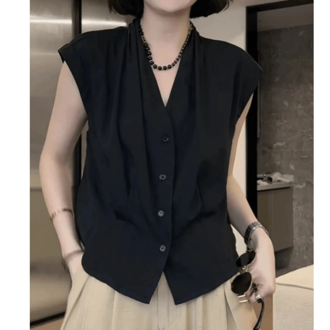 法式V领休闲小衫上衣女2025夏季漂亮无袖百搭宽松单排扣衬衫3355