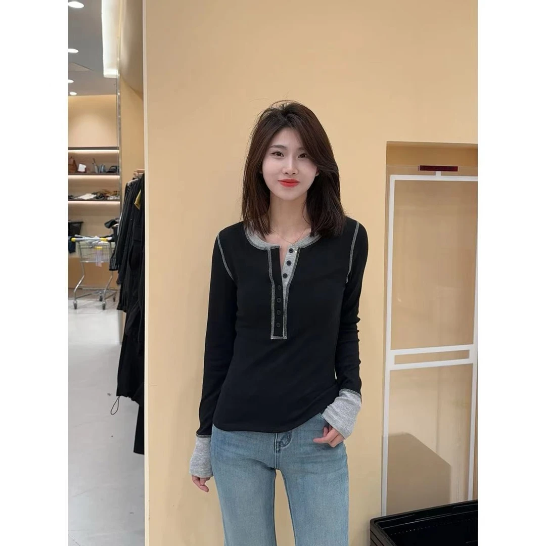 撞色假两件 小允姐姐2024时尚新款百搭撞色假两件