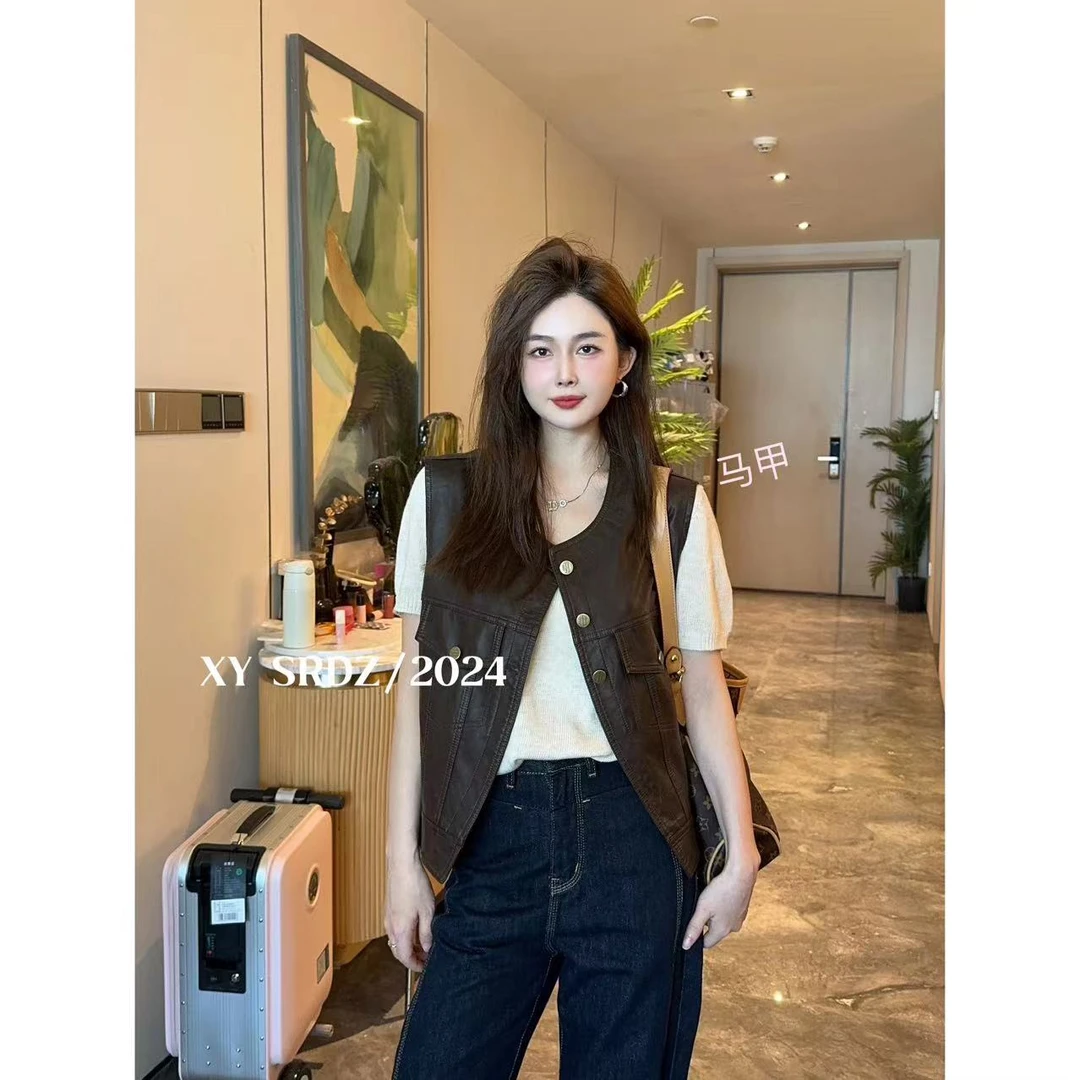 复古皮衣马甲 小允姐姐2024新款时尚高级气质复古皮衣马甲