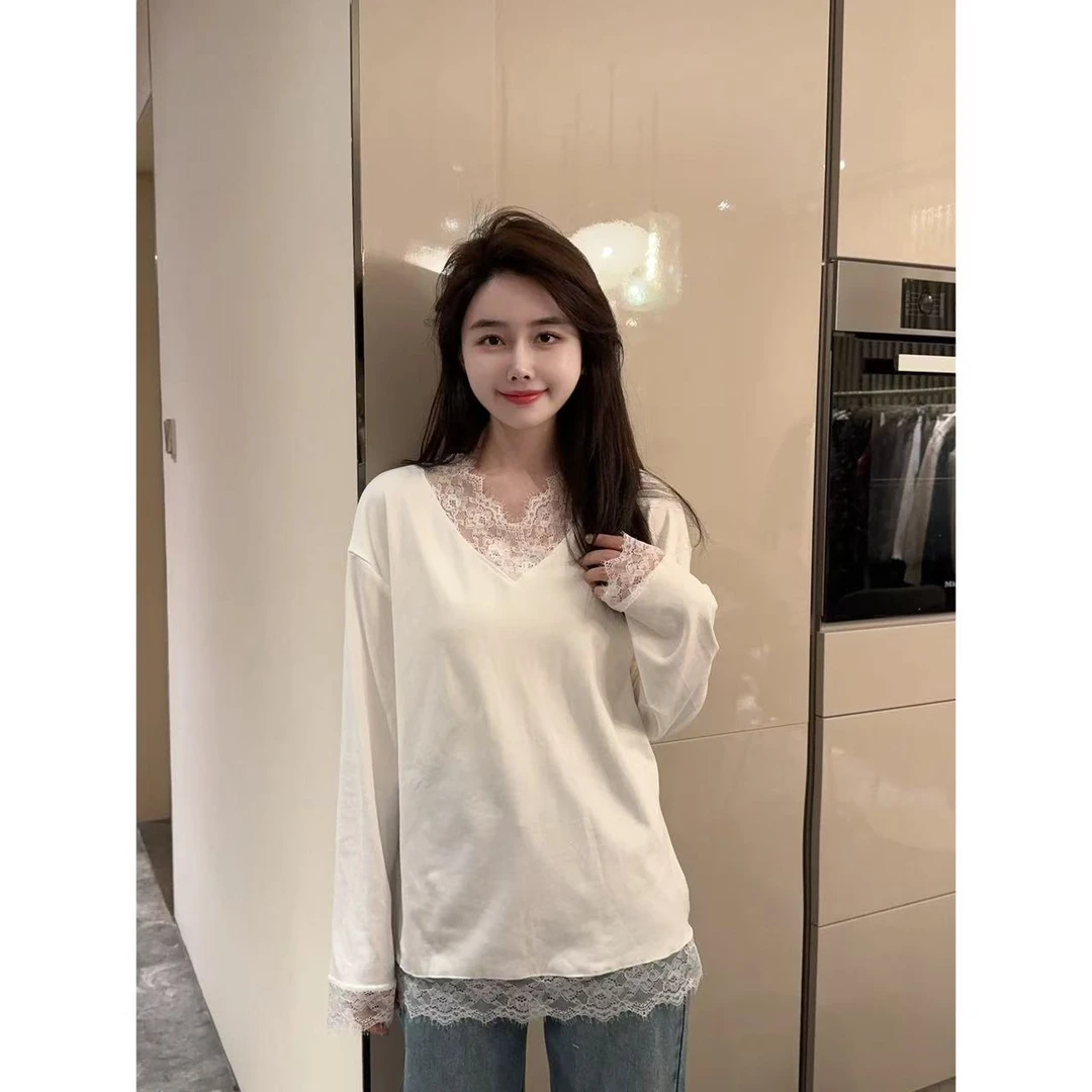 蕾丝V领上衣 小允姐姐2024新款时尚气质高级蕾丝V领上衣