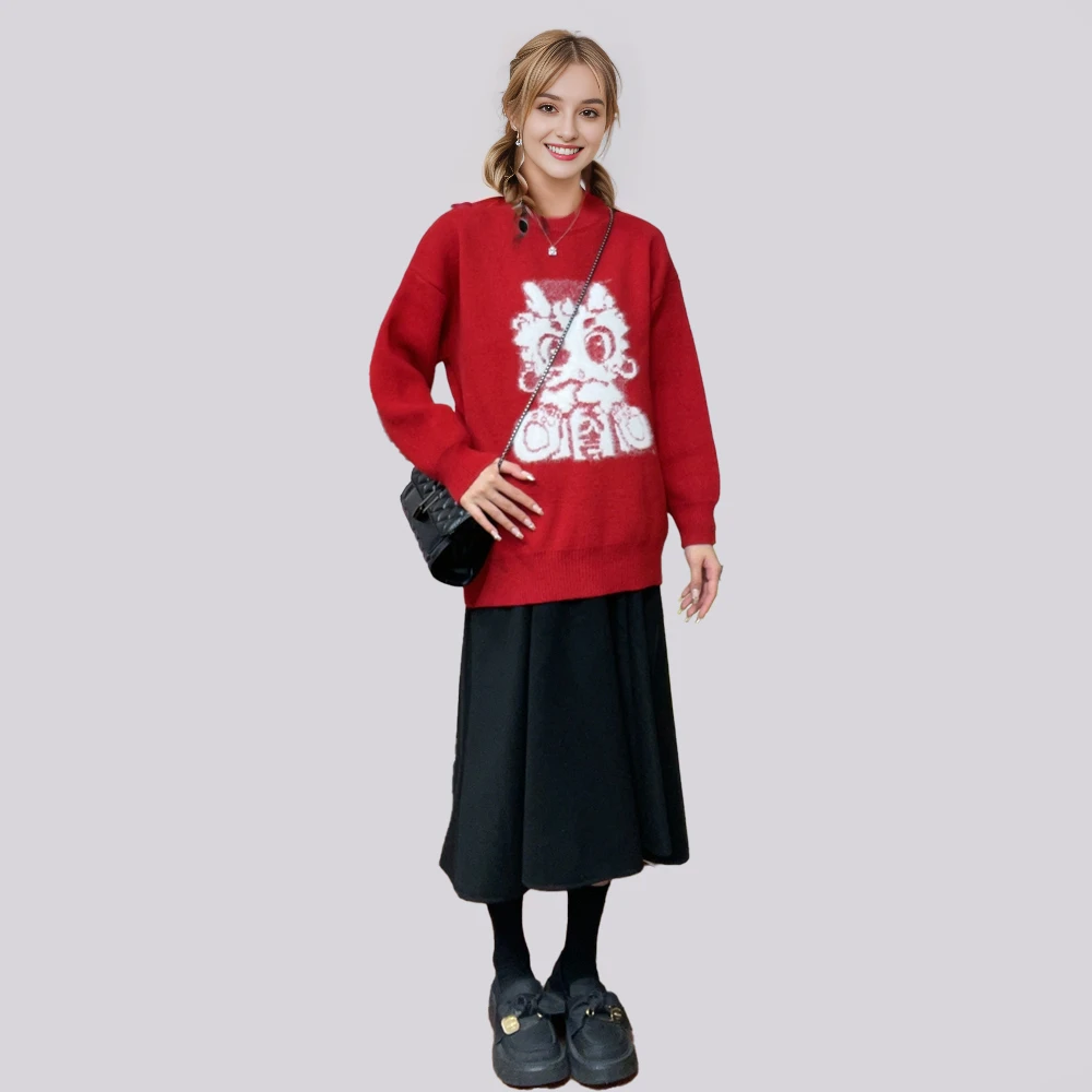 【娅莉推荐】孕妇秋冬圆领针织卡通圣诞新年宽松加厚毛衣托腹半身裙