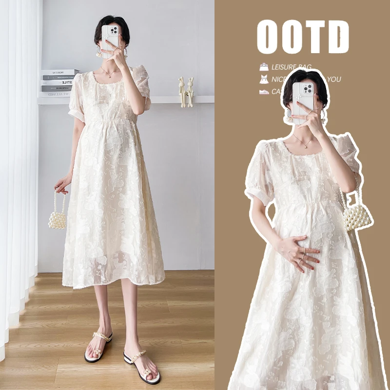 【绮芋】夏季新款圆领钉珠孕妇裙短袖中长款孕妇连衣裙潮妈气质宽松