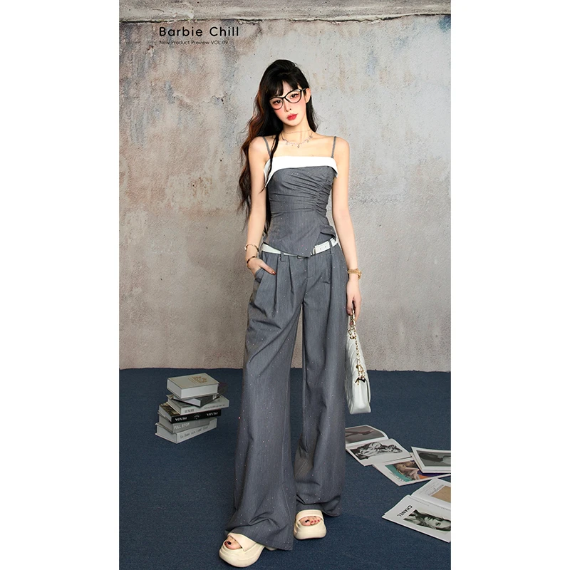 芭比姨【格雷系小姐】闪闪吊带上衣阔腿长裤两件套