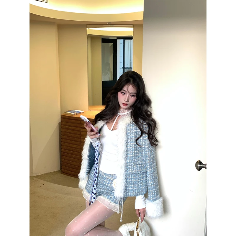 芭比姨【心动陷阱】秋季小香风高级氛围感时尚气质小众拼毛外套短裤