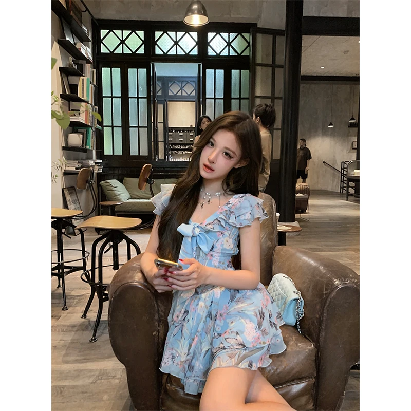 芭比姨【花朵精灵】蓝色碎花连衣裙蓬蓬雪纺蛋糕裙