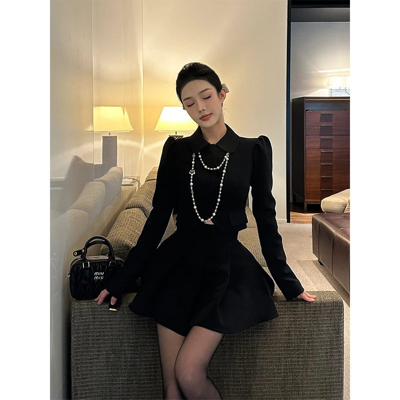 芭比姨【帝国千金】贵气法式设计时尚气质黑色外套半身裙套装