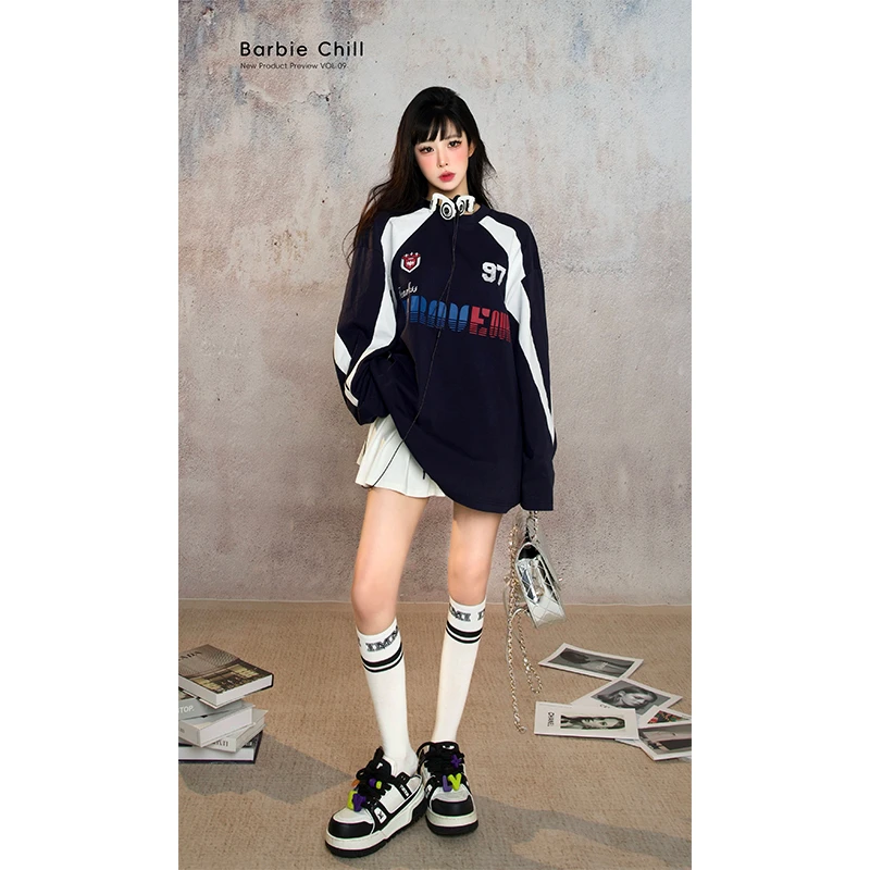 芭比姨字母卫衣T恤女初秋新款宽松OVERSIZE美式复古拼色长袖上衣