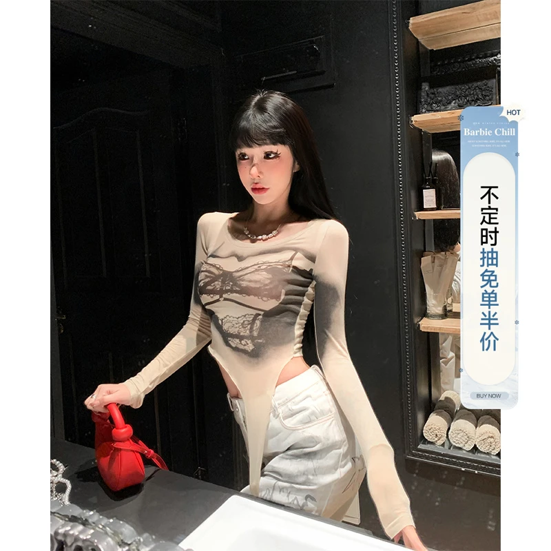 芭比姨不规则t恤女新款美式复古一字肩内外穿搭性感辣妹长袖上衣