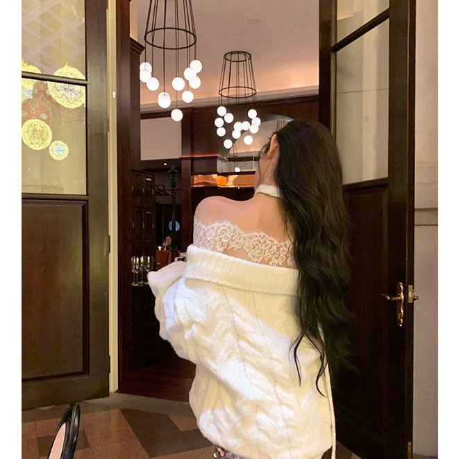 芭比姨【雪域妖姬 】法式设计感一字肩露肩名媛风麻花毛衣裙子女