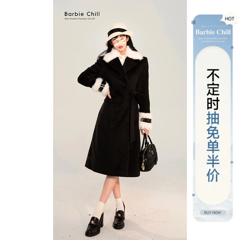 芭比姨毛呢大衣女深冬高级感千金加厚夹棉撞色领子长款呢子外套