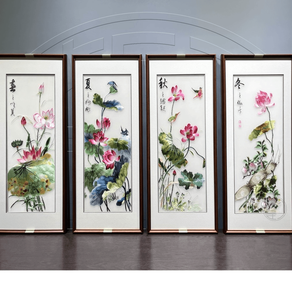 新中式刺绣春夏秋冬客厅餐厅挂画梅兰竹菊装饰画四联壁画成品苏绣