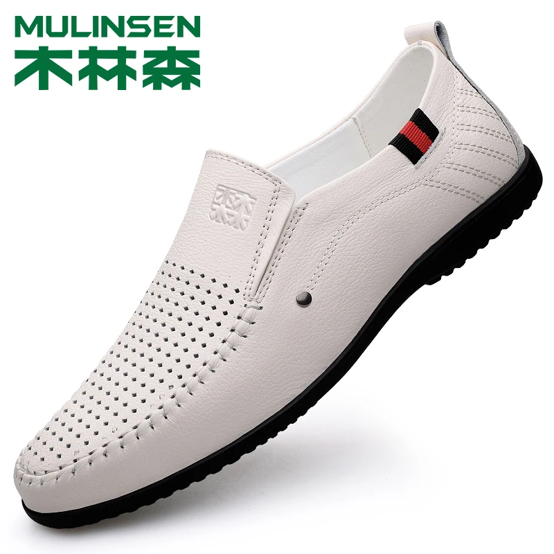 木林森男鞋夏季新款真皮豆豆鞋男士镂空舒适透气软底一脚蹬小白鞋