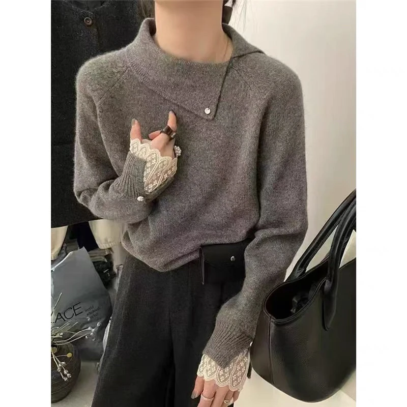 秋冬新款立领纯色蕾丝套头针织打底衫女宽松洋气内搭加厚保暖毛衣