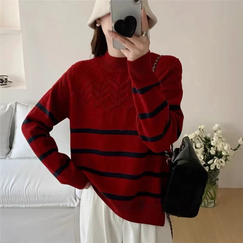 半高领条纹套头针织打底宽松加厚保暖毛衣女宽松外穿抗寒上衣