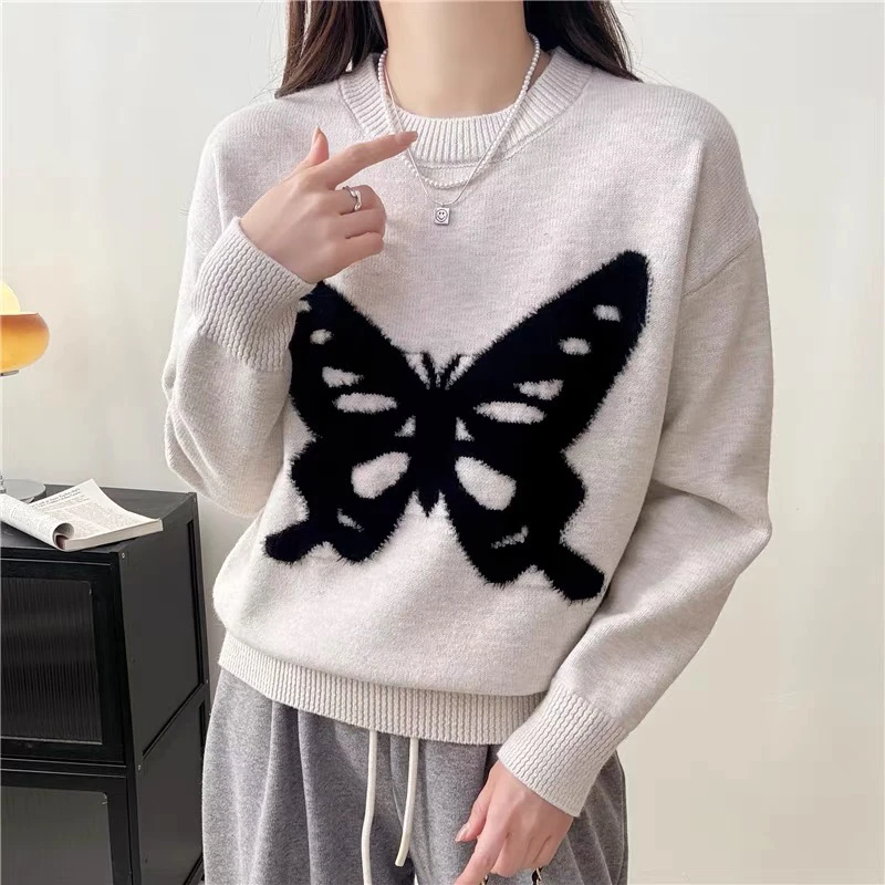 秋冬新款圆领蝴蝶结针织打底衫宽松洋气加厚毛衣女百搭外穿套头