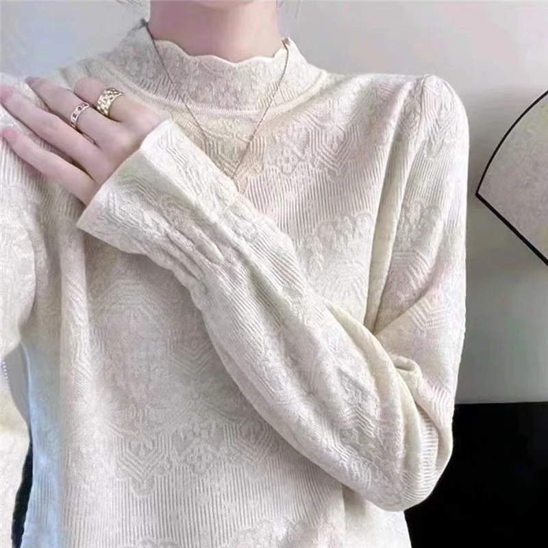 荷叶袖秋冬半高领针织打底衫女宽松纯色百搭内搭毛衣薄款套头