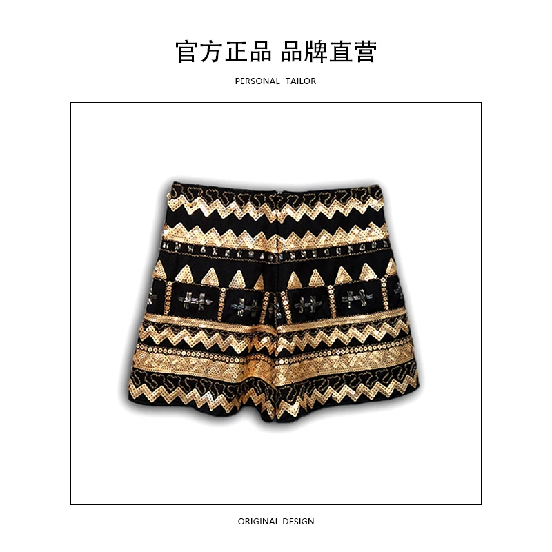复古设计师潮牌款高腰手工钉珠热裤宽松显瘦休闲百搭阔腿短裤-533