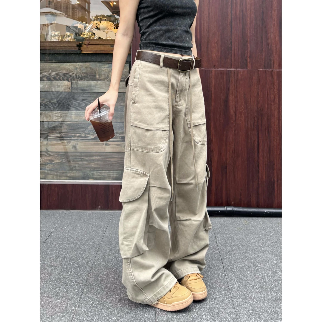 XFX 美式复古多口袋宽松直筒工装裤女cleanfit阔腿抽绳拖地长裤潮