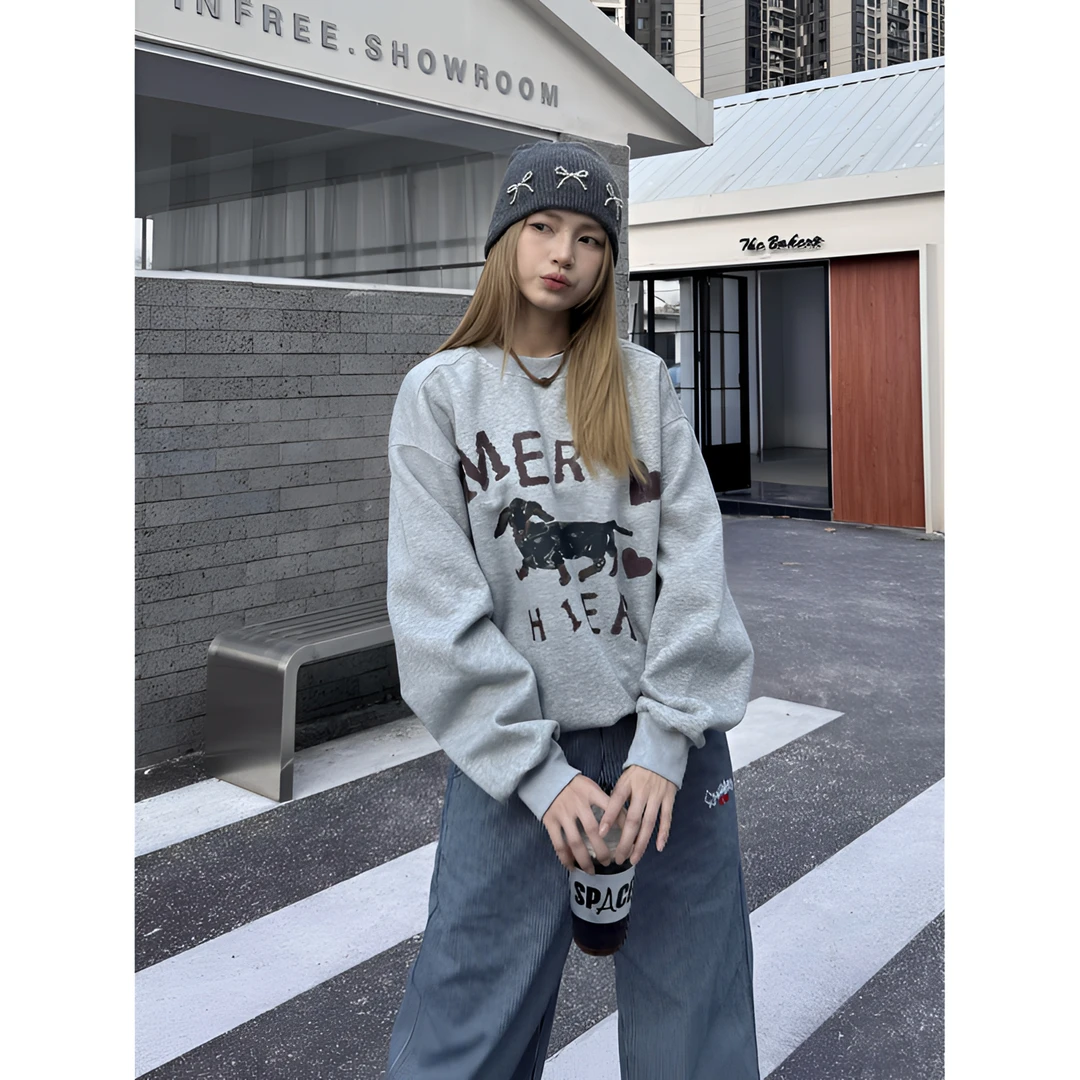 XFX 美式复古短款小狗印花套头加绒加厚卫衣女春秋情侣长袖上衣潮