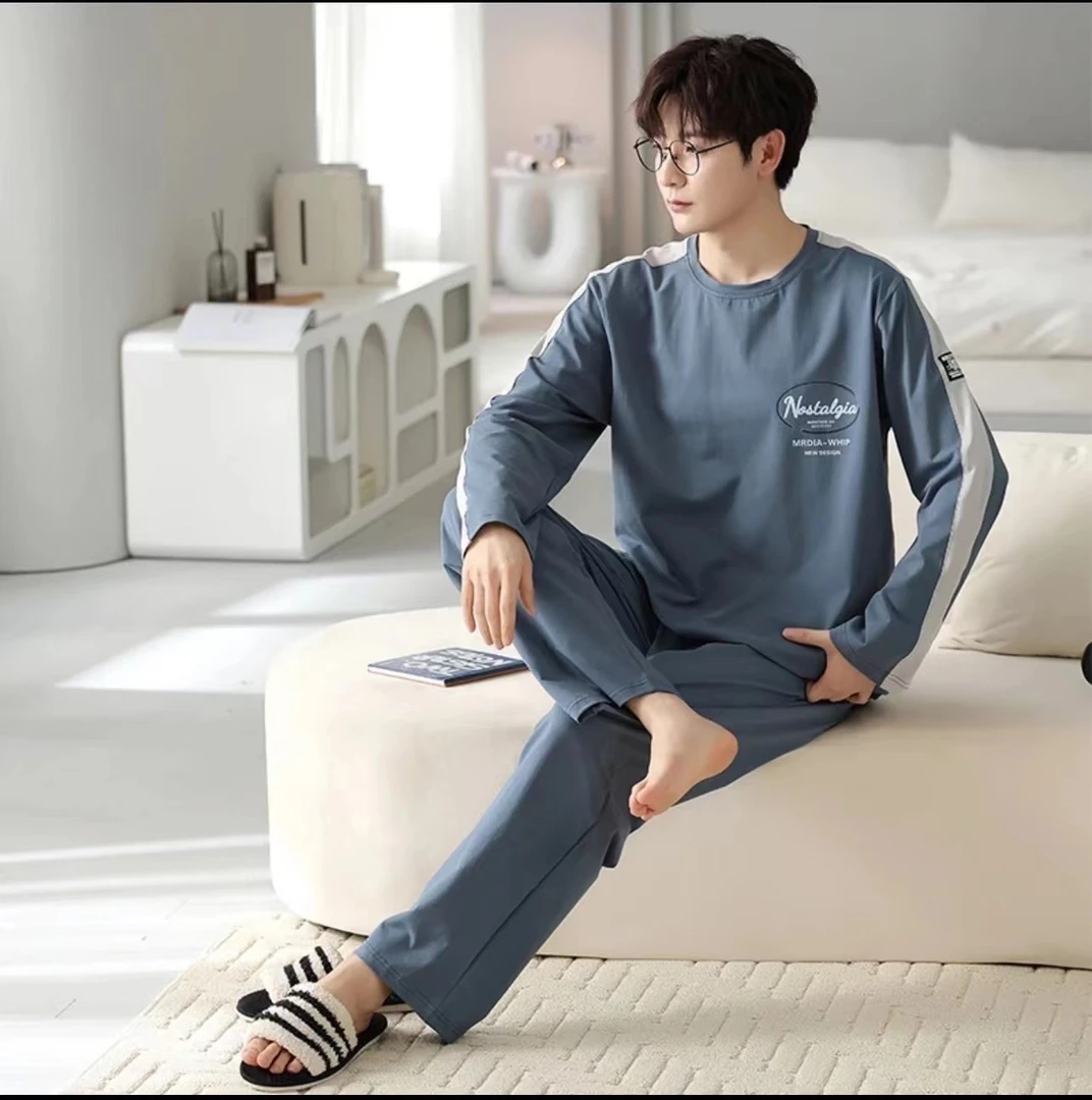 新款秋冬纯棉男士圆领长袖长裤睡衣套装牛仔男色9520 YZT