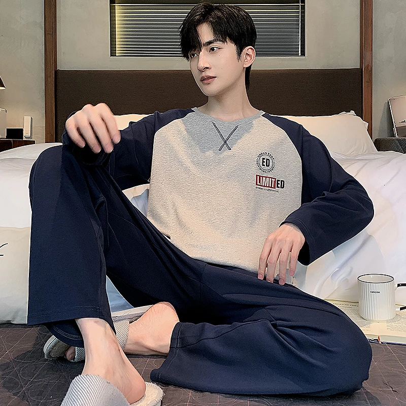 YZT 9533新款秋冬纯棉男士圆领长袖长裤睡衣套装（灰拼蓝色