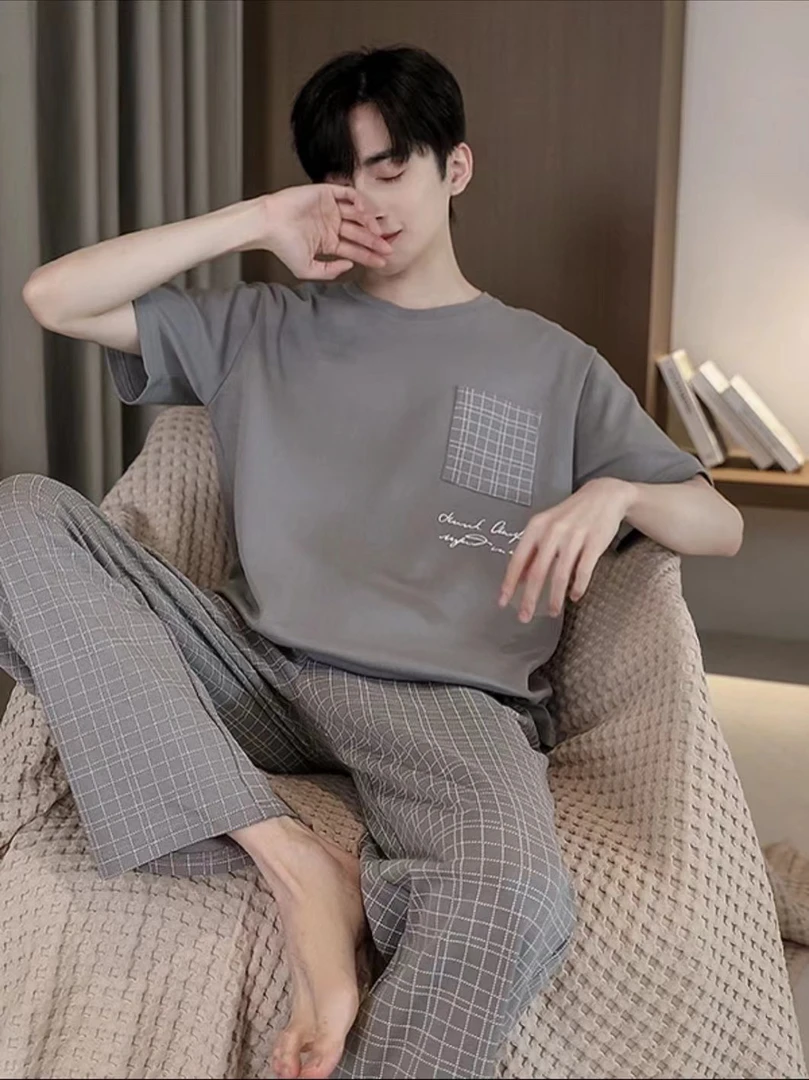 品牌男士短袖长裤睡衣套装口袋格子灰3302 YZT