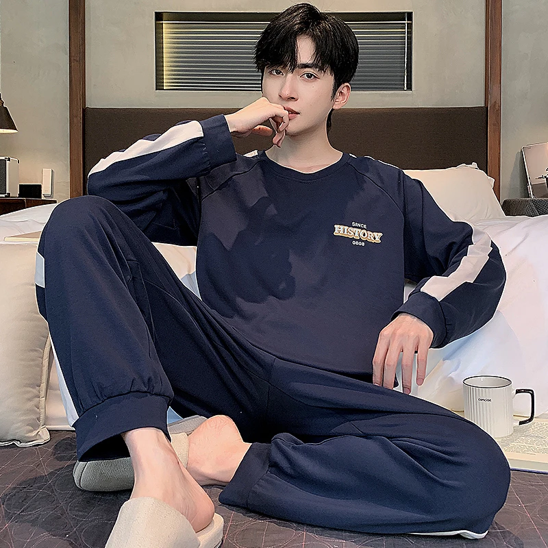 YZT 9534新款秋冬纯棉男士圆领长袖长裤睡衣套装（藏蓝色）